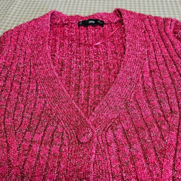 Mango Pink Fuchsia Metallic Cable Knit Long Sleeve Festive Chic Cropped Sweater - Picture 14 of 15